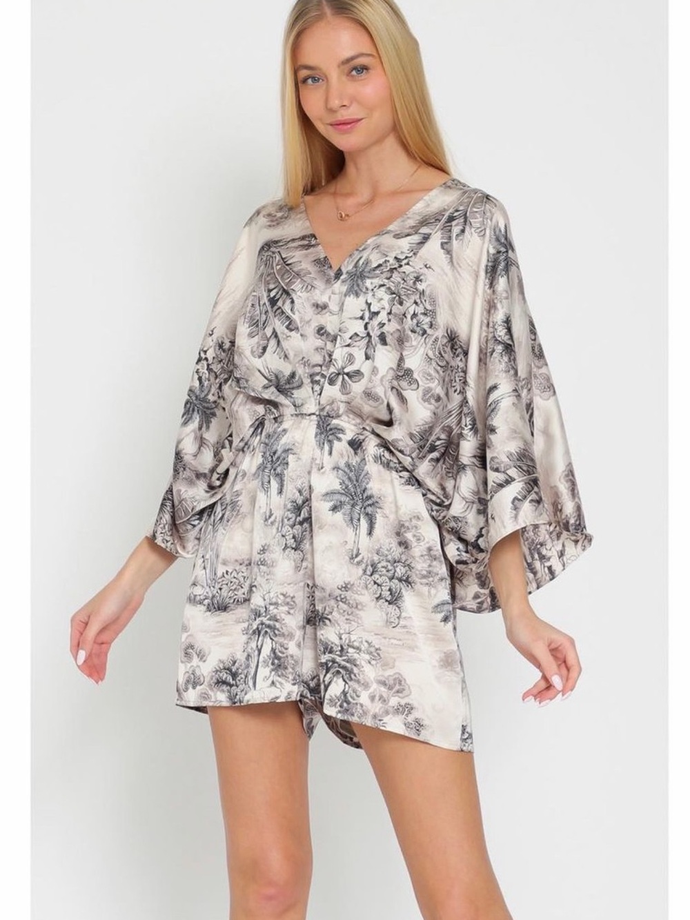 Aakaa Ivory and Gray Botanical V-Neck Mini Romper